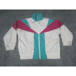 Lavon Womens Medium White Pink Green Retro Zip Up Windbreaker Cotton Blend
